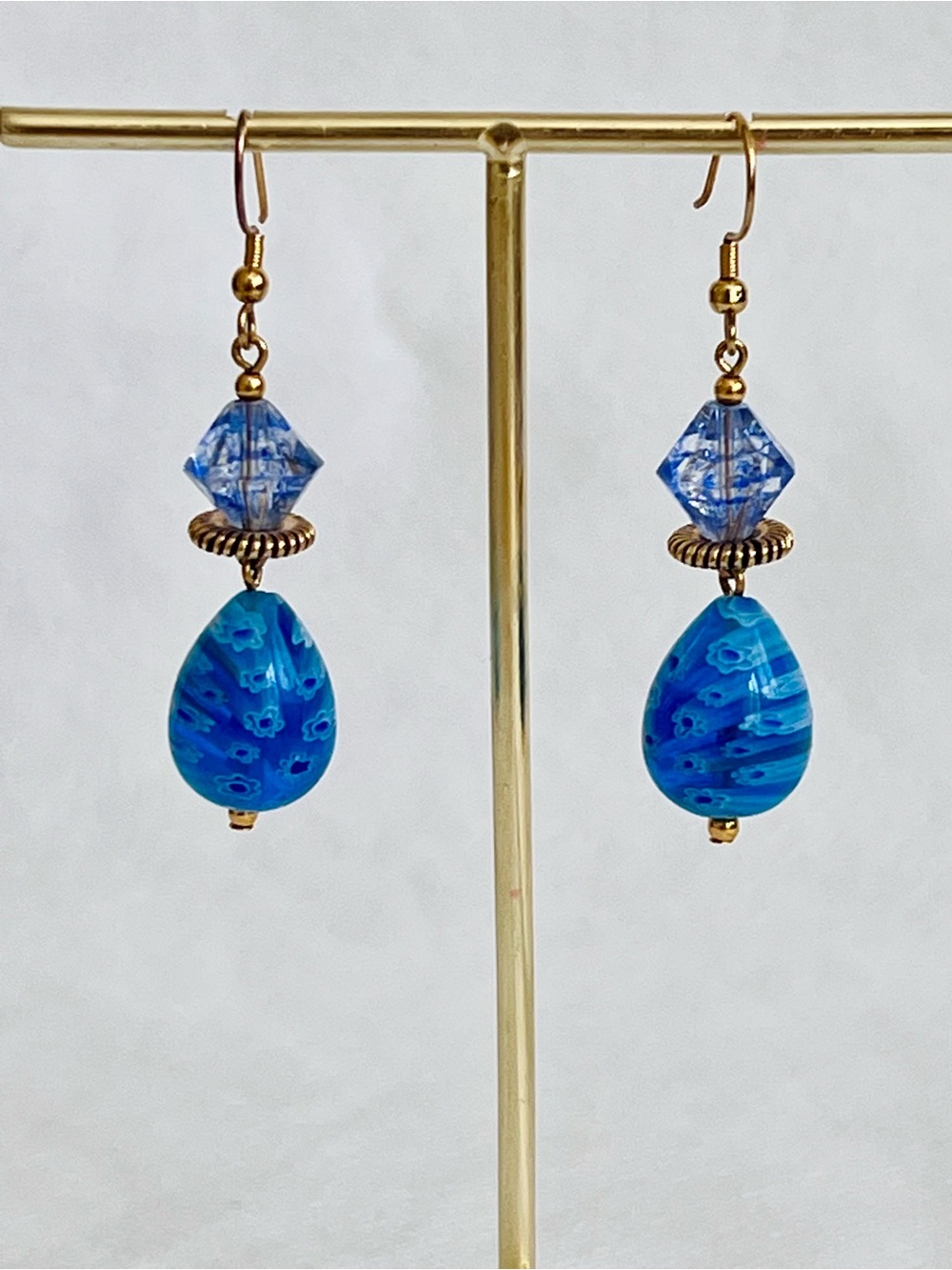 Vintage Murano Style Millefiori Blue Glass Teardrop Dangle Earrings